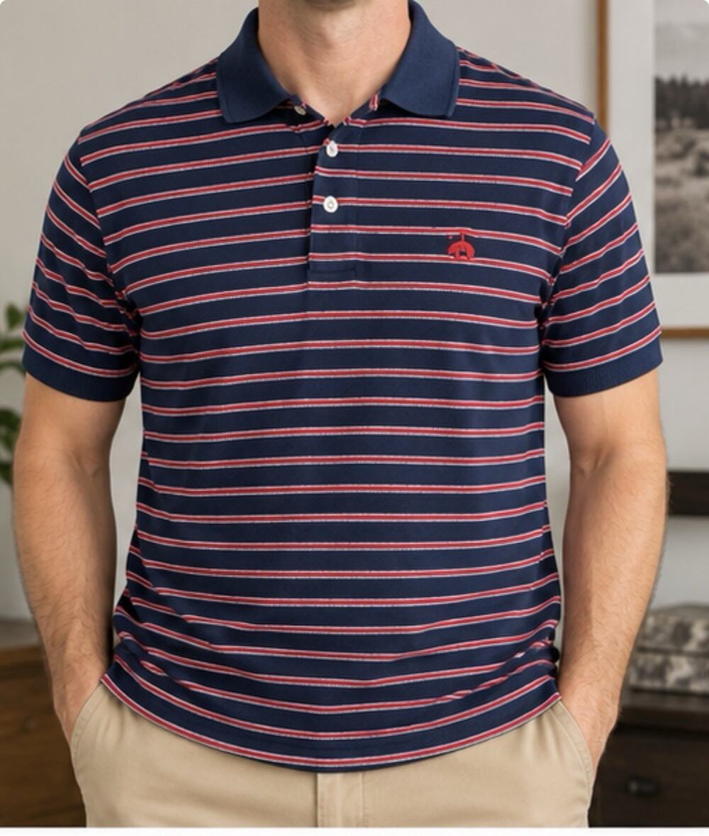 Brooks Brothers 1818 Men’s L Performance Polo Slim Fit Navy Red Stripe Cotton